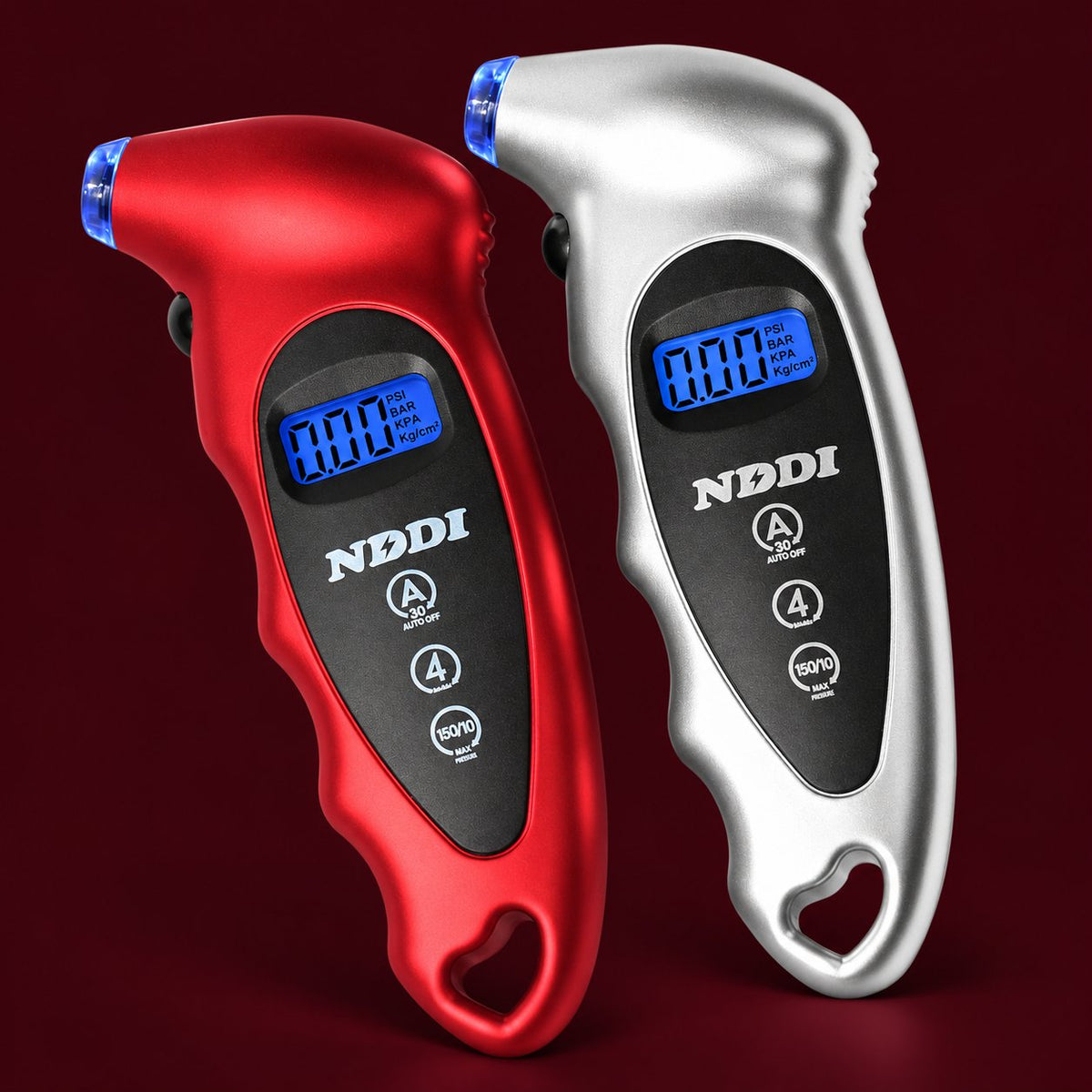 NDDI 2-Pack Digital Tire Pressure Gauge 150 PSI on burgundy