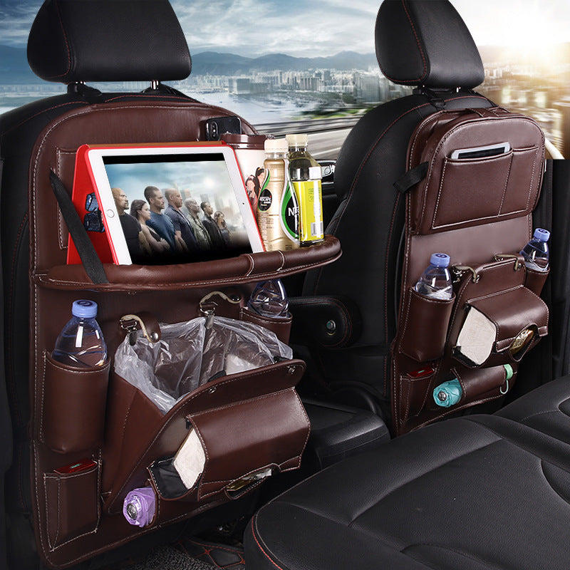 PU leather car seat-back organizer with fold-down tray — product photo 1
