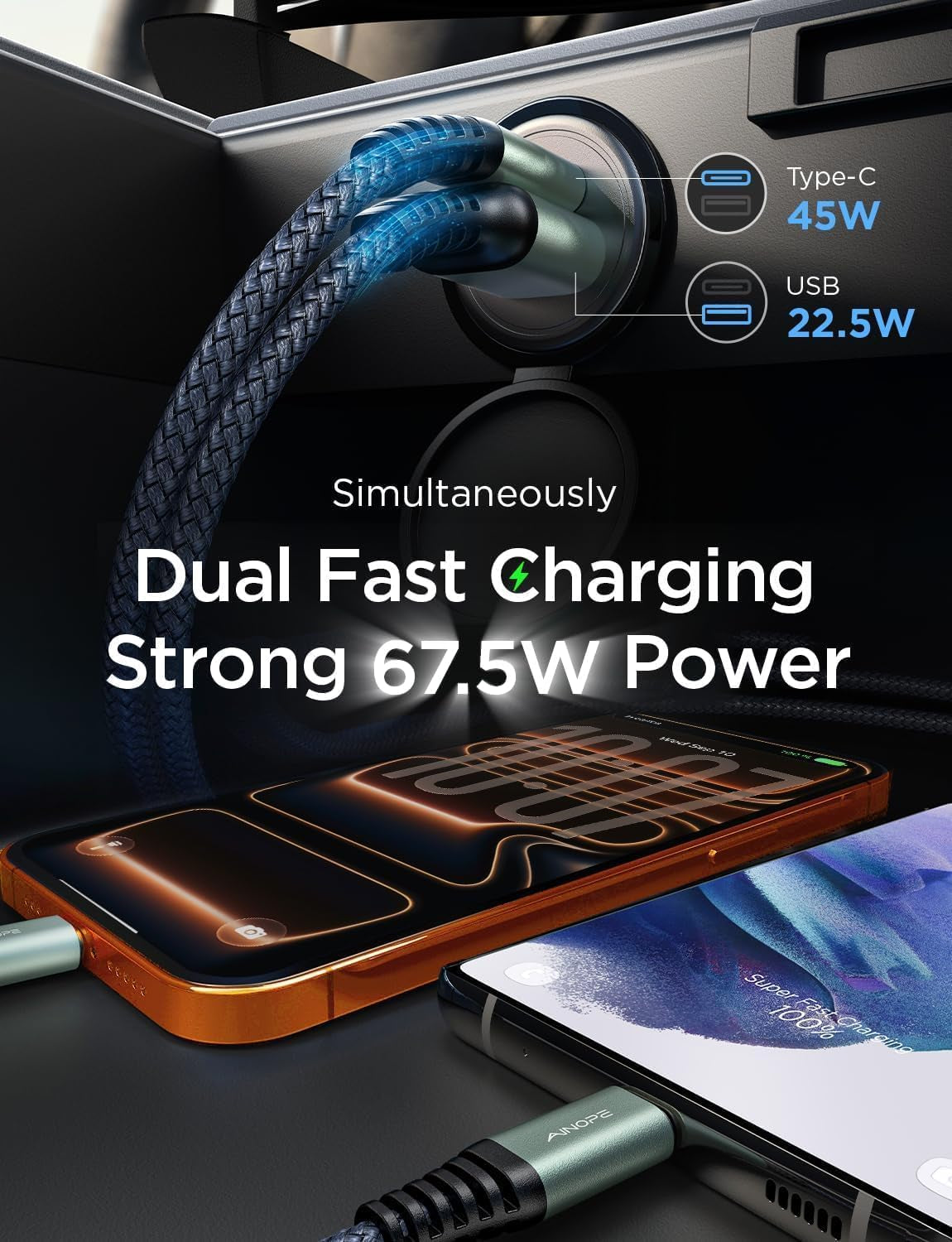 67.5W 12V Car Charger, Cigarette Lighter USB Charger Fast Charging