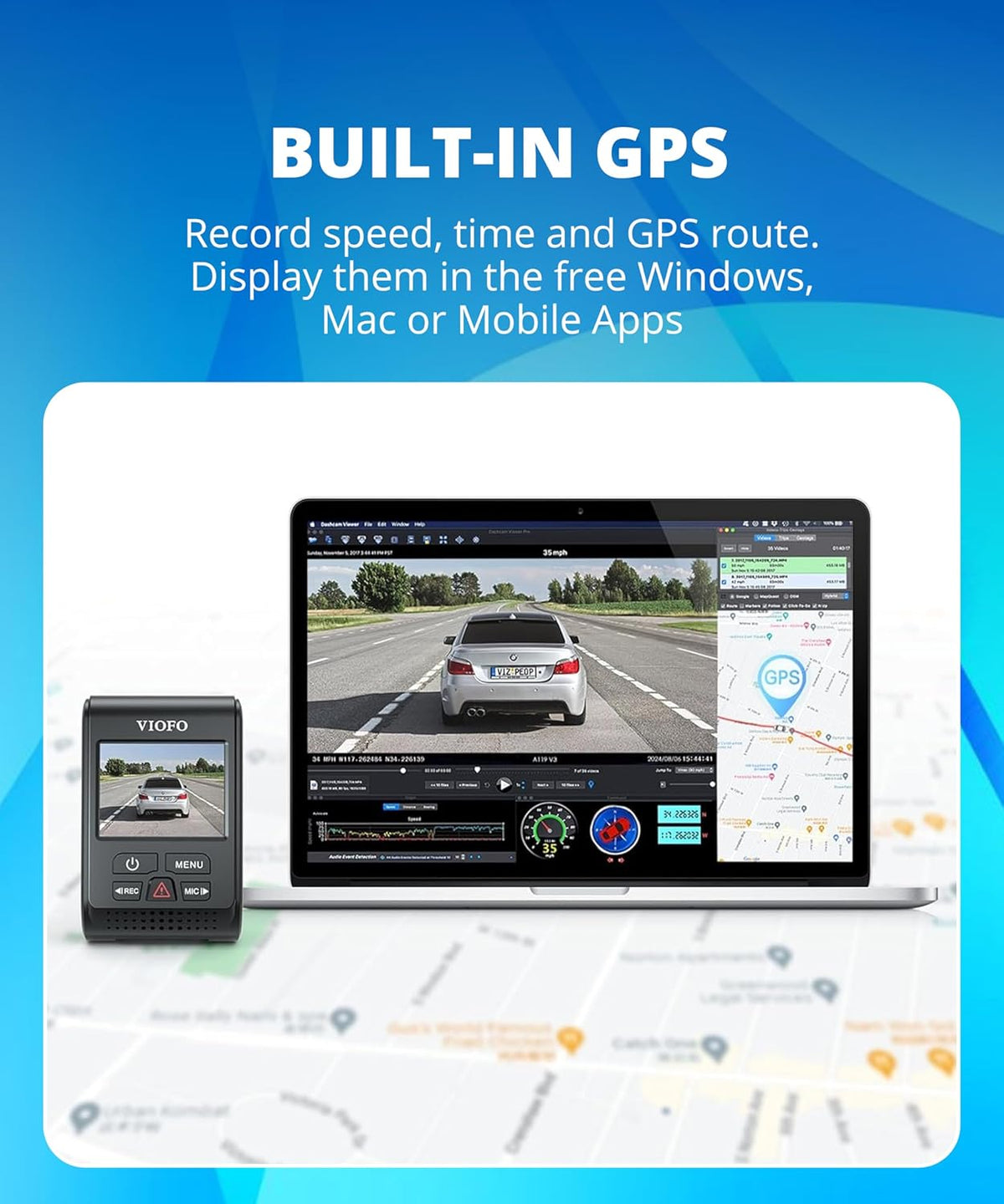 A119 V3 Dash Cam, 2K Front Recording, GPS, True HDR Car Dashcam