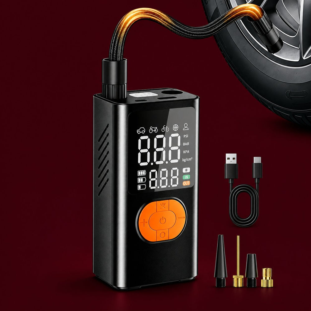 Tire Inflator Portable Air Compressor for Car Tires, 150 PSI Cordless Portable Air Compressor with Digital Pressure Gauge, Auto Shut-Off, LED Emergency Light for Roadside Emergencies on burgundy