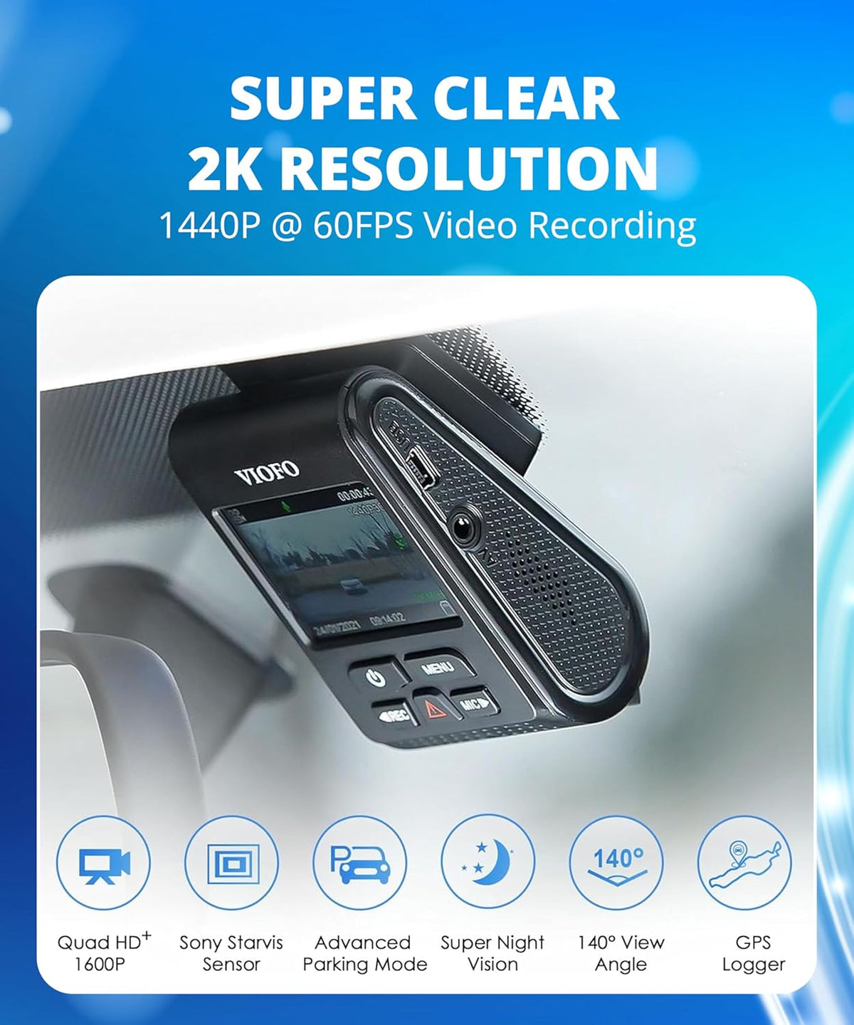 A119 V3 Dash Cam, 2K Front Recording, GPS, True HDR Car Dashcam