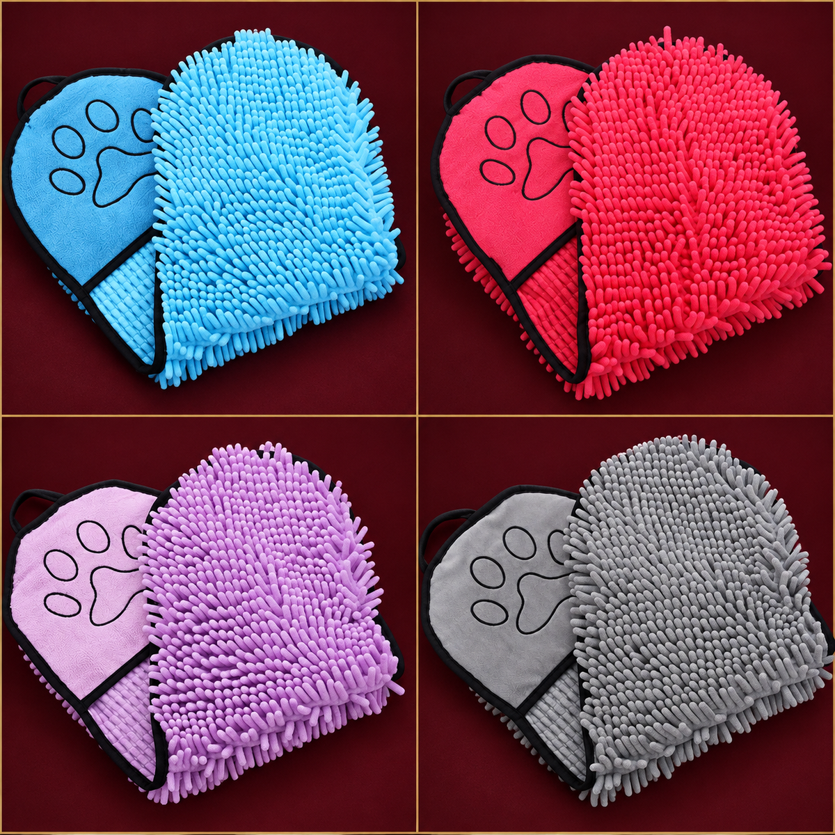 Blue, rose red, purple and grey pet towel colour comparison