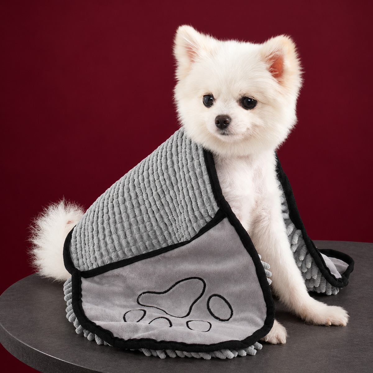 Small white dog wearing the grey pet drying towel