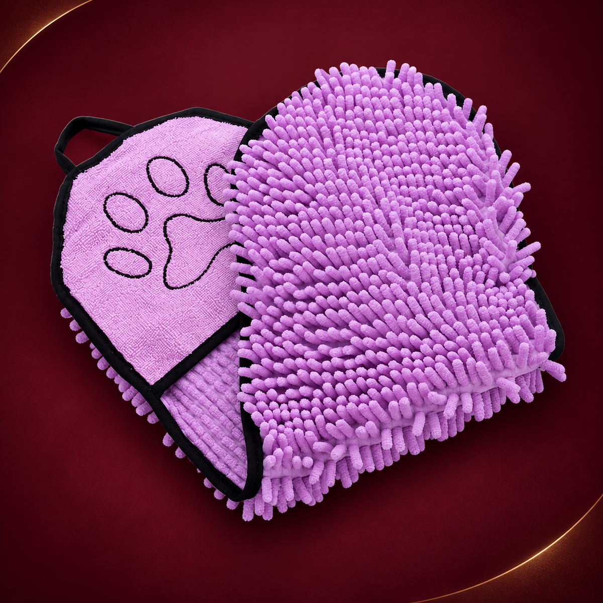 Purple pet drying towel with hand pockets
